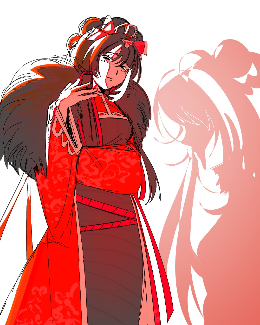 rugwurm, hong lu (project moon), jia xichun (project moon), limbus company, project moon, highres, 1girl, black dress, black hair, chinese clothes, coat, double bun, dress, fur-trimmed coat, fur trim, hair bun, long hair, long sleeves, looking at viewer, multicolored hair, multiple views, official alternate costume, red coat, red shrug, rope belt, shrug (clothing), simple background, solo, standing, streaked hair, twintails, upper body, white background, white streaks