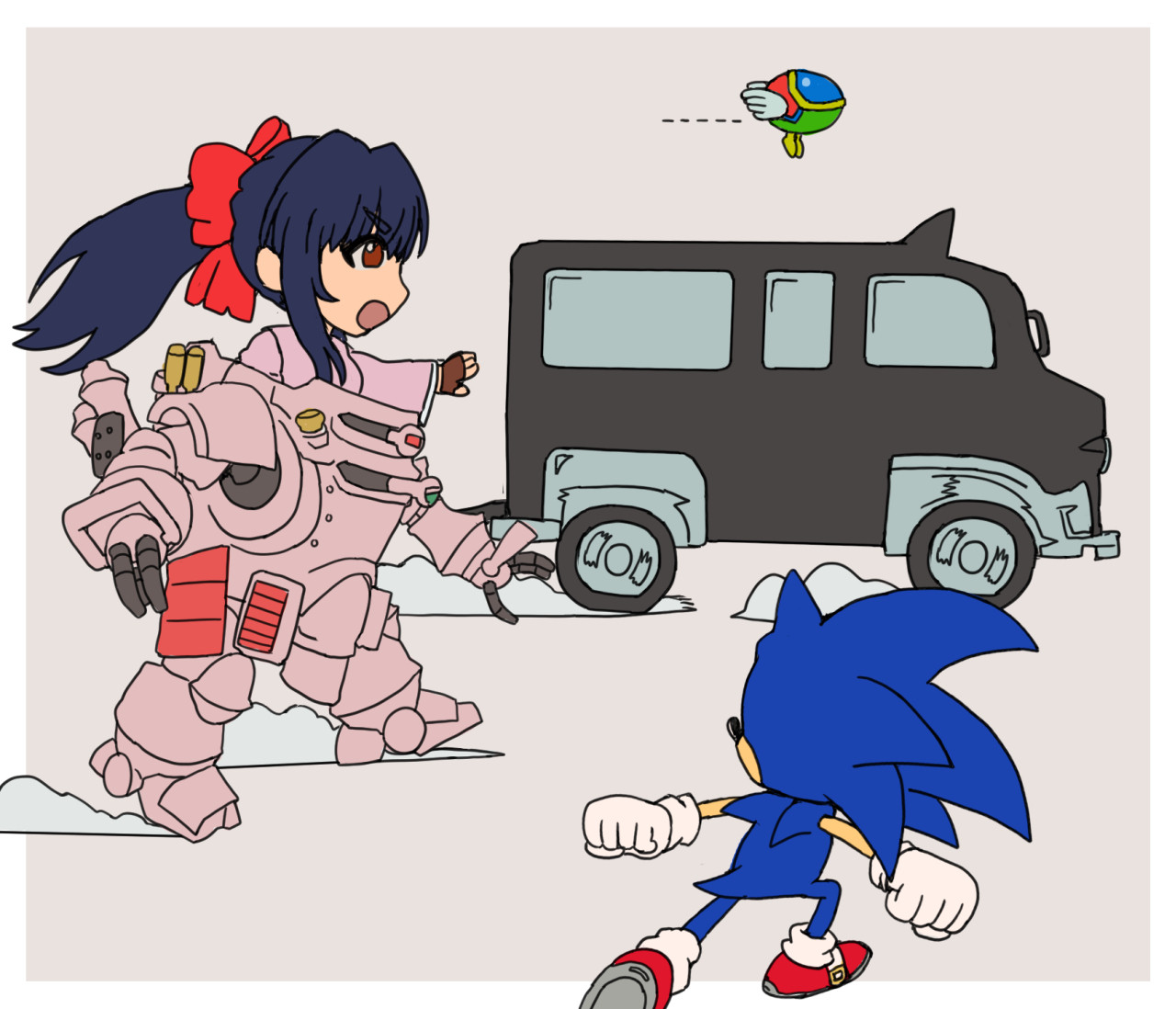 koubu, shinguuji sakura, sonic the hedgehog, persona, persona 5, sakura taisen, sega, sonic (series), highres, 1boy, 1girl, blue hair, bow, breasts, brown eyes, crossover, feet, fingerless gloves, from side, gloves, hair ribbon, japanese clothes, legs, long hair, mecha, medium breasts, motor vehicle, open mouth, outstretched arm, ponytail, red bow, ribbon, robot, running, serious, thighs, tongue, van