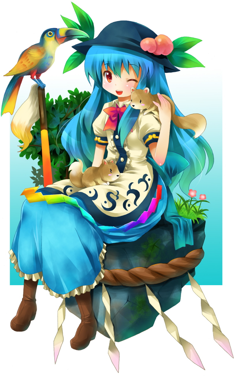 michii yuuki, hinanawi tenshi, touhou, bad id, bad pixiv id, highres, 1girl, aqua hair, female focus, flower, food, fruit, hat, kaname-ishi, long hair, outdoors, peach, plant, ribbon, rope, shide, shimenawa, sitting, solo, sword, sword of hisou, weapon, wink