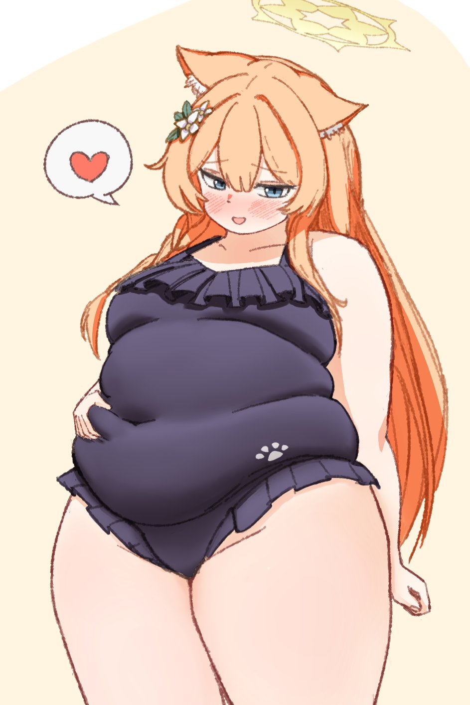 wawawaltz, mari (blue archive), mari (swimsuit) (blue archive), blue archive, 1girl, animal ear fluff, animal ears, belly grab, blonde hair, blue eyes, blue one-piece swimsuit, blush, breasts, covered navel, fat, fat rolls, fat woman, flower, flower on head, frilled one-piece swimsuit, frills, hair flower, hair ornament, halo, heart, long hair, one-piece swimsuit, open mouth, orange hair, paw print, plump, small breasts, solo, spoken heart, standing, swimsuit, thick thighs, thighs