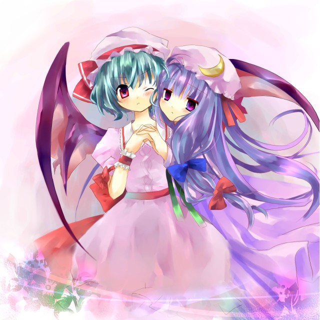 jin rikuri, patchouli knowledge, remilia scarlet, embodiment of scarlet devil, touhou, silver hair, 2girls, ;), bat wings, blue bow, blunt bangs, blush, bow, crescent, dress, female focus, hair bow, hat, hug, long sleeves, looking at viewer, mob cap, multi-tied hair, multiple girls, one eye closed, own hands together, pink dress, red bow, red eyes, sidelocks, smile, wings, wrist cuffs