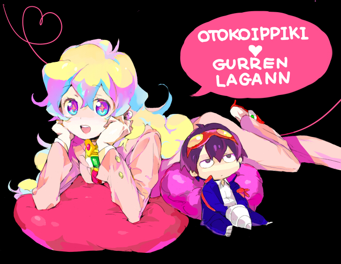 kazuko, nia teppelin, simon (ttgl), tengen toppa gurren lagann, bad id, bad pixiv id, 00s, 1girl, blazer, blonde hair, character doll, doll, female focus, happy, jacket, pants, pillow, smile, solo