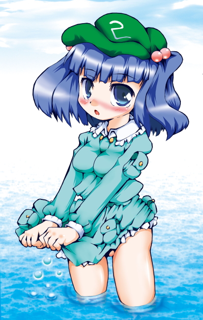 sukiyo, kawashiro nitori, touhou, 1girl, blue hair, blush, dress, female focus, hair bobbles, hair ornament, hat, impossible clothes, impossible dress, no panties, panties, short hair, solo, two side up, underwear, water