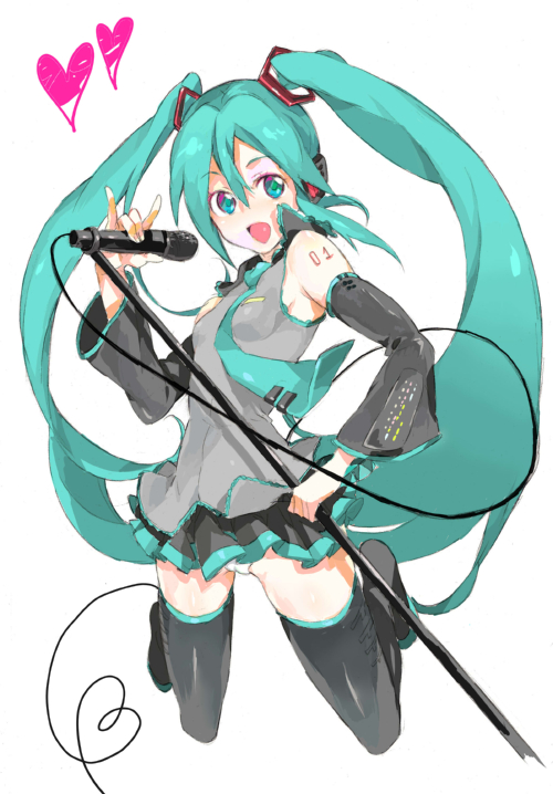 kazuko, hatsune miku, vocaloid, bad id, bad pixiv id, 1girl, aqua hair, boots, breasts, female focus, green eyes, green hair, heart, jumping, long hair, looking at viewer, matching hair/eyes, microphone, microphone stand, miniskirt, necktie, panties, pantyshot, simple background, skirt, small breasts, smile, solo, thigh boots, thighhighs, twintails, underwear, very long hair, white background