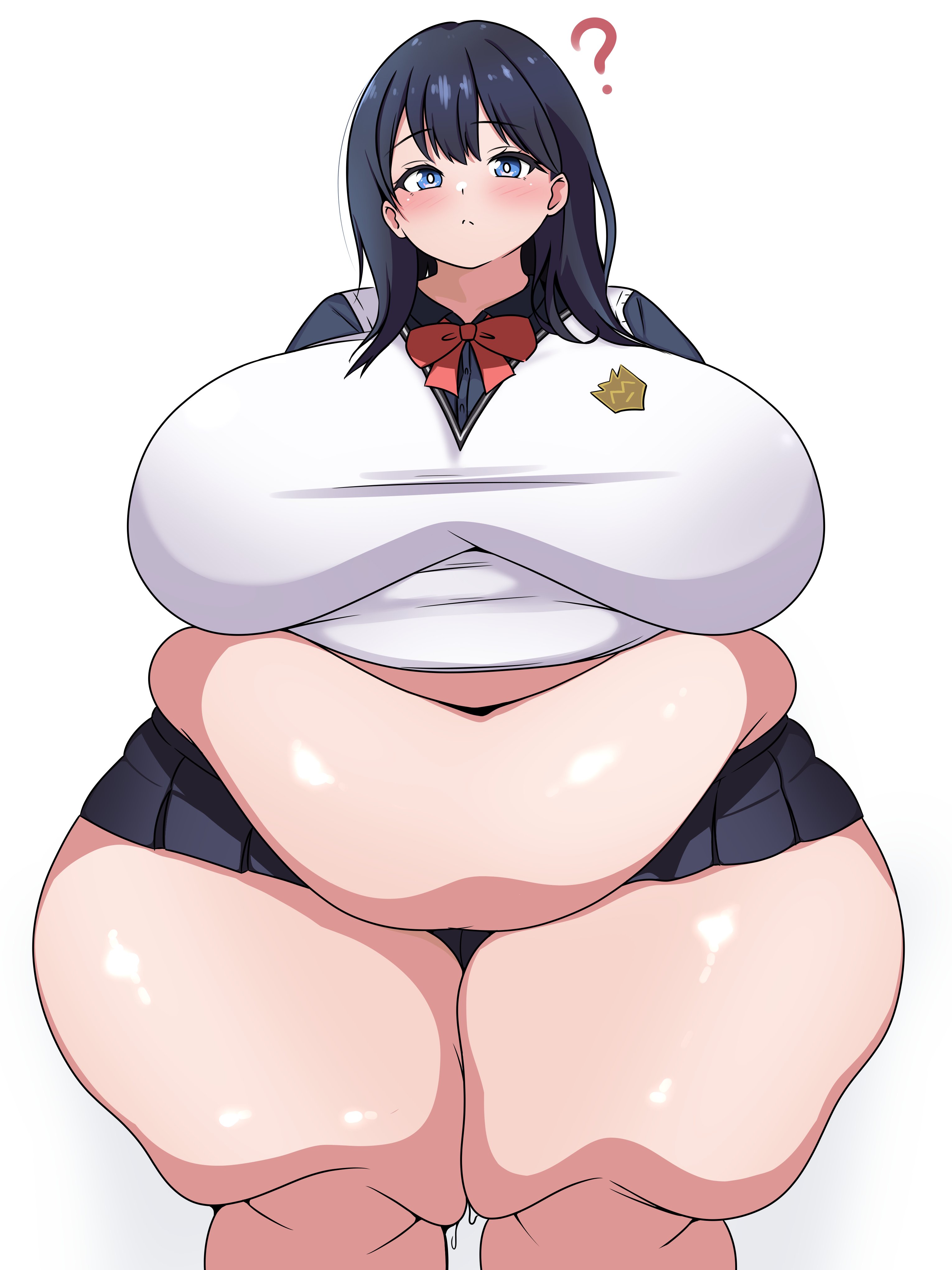 usagirin, takarada rikka, gridman universe, ssss.gridman, absurdres, highres, 1girl, ?, belly, big belly, black hair, blue eyes, blue shirt, blue skirt, blush, bow, bowtie, breasts, fat, fat rolls, fat woman, huge breasts, medium hair, miniskirt, muffin top, navel, obese, school uniform, shirt, skirt, solo, standing, sweat, sweater vest, thick thighs, thighs, vest, white background, white vest, wide hips