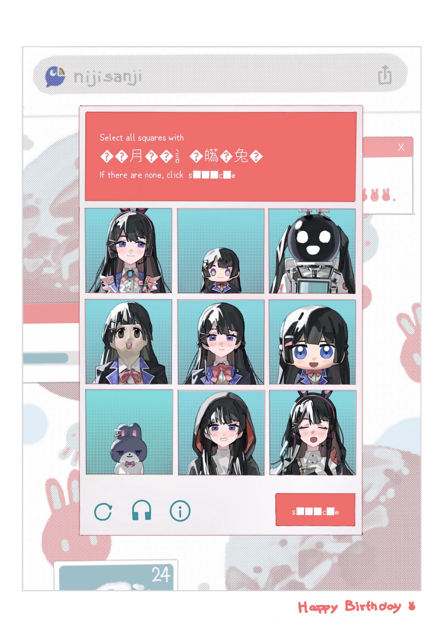 rippoutai fuusen, nazono mito, tsukino mito, tsukino mito (1st costume), tsukino mito (astronaut), tsukino mito (moon!!), tsukino mito (sporty), nijisanji, commentary, highres, symbol-only commentary, animal ear headphones, animal ears, black hair, blue eyes, captcha, english text, fake animal ears, fake screenshot, glitch, hair ornament, hairpin, halftone, halftone background, happy birthday, headphones, headset, helmet, hood, hood up, long hair, looking at viewer, mascot costume, multiple hairpins, multiple persona, multiple views, nijisanji idol uniform, rabbit, rabbit ear headphones, rabbit ears, search bar, smile, space helmet, spacesuit, virtual youtuber