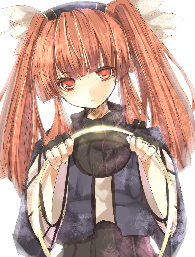 tetsuo (tashirosu), mint (dewprism), dewprism, 1girl, female focus, fingerless gloves, gloves, jewelry, long hair, orange hair, red eyes, ring, solo, twintails