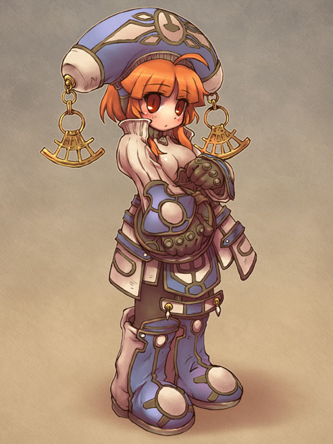 sankuma, maya (dewprism), dewprism, 1girl, ahoge, armor, blush, boots, breasts, female focus, gloves, hat, knee boots, looking at viewer, orange hair, pantyhose, red eyes, shield, short hair, solo