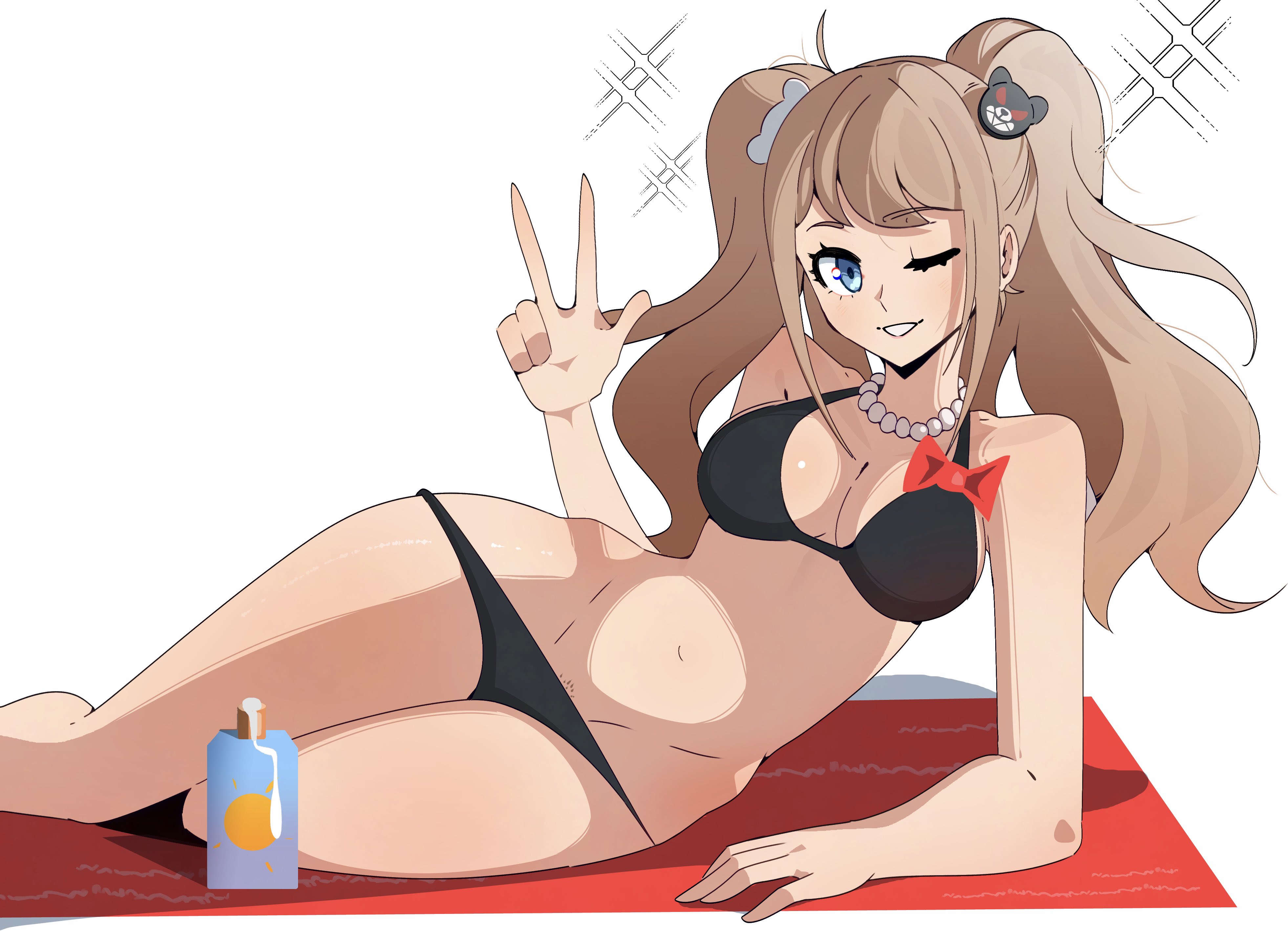 gjh, enoshima junko, danganronpa: trigger happy havoc, danganronpa (series), absurdres, commentary, highres, 1girl, alternate costume, bear hair ornament, bikini, black bikini, blonde hair, blue eyes, breasts, cleavage, female pubic hair, hair ornament, jewelry, large breasts, long hair, looking at viewer, lotion, navel, necklace, one eye closed, pearl necklace, pubic hair, simple background, solo, stomach, sunscreen, swimsuit, twintails, w, white background