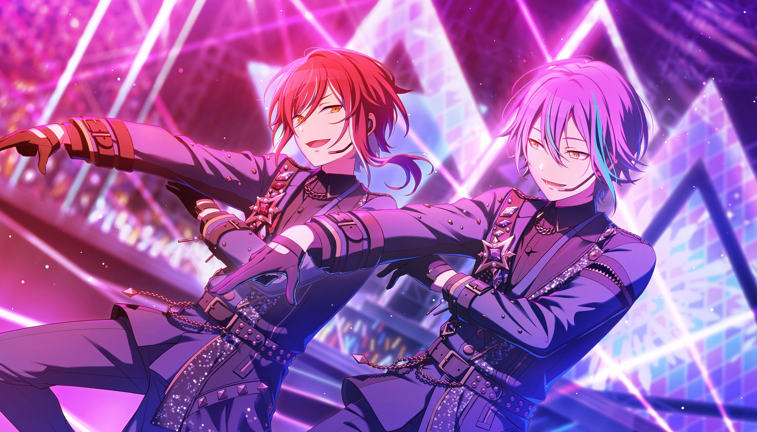 colorful palette, kamishiro rui, sakasaki natsume, ensemble stars!, project sekai, game cg, highres, official art, third-party source, 2boys, :d, belt, black belt, black gloves, black pants, black shirt, blue hair, collared shirt, gloves, hair between eyes, headset, laser, lower teeth only, male focus, multicolored hair, multiple boys, open mouth, orange eyes, pants, purple hair, red hair, shirt, smile, streaked hair, teeth, tongue, triangle, two-tone hair, white hair, yellow eyes