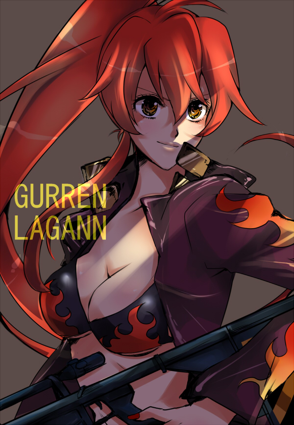 deirn, kiui, yoko littner, tengen toppa gurren lagann, bad id, bad pixiv id, 00s, 1girl, bikini, bikini top only, black bikini, breasts, cleavage, female focus, jacket, large breasts, ponytail, red hair, solo, swimsuit, yellow eyes