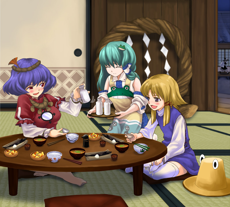 tenten (artist), tenten (edp666), kirisame marisa, kochiya sanae, moriya suwako, yasaka kanako, touhou, 4girls, apron, barefoot, blonde hair, blue eyes, blue hair, blush, detached sleeves, dress, drunk, female focus, food, frog, green hair, hair ornament, hairband, hat, japanese clothes, leaf, leaf hair ornament, long hair, miko, multiple girls, purple hair, red eyes, ribbon, rope, shide, shimenawa, short hair, slice of life, snake, table, thighhighs, witch, witch hat