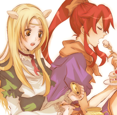 deirn, kiui, tsuuma, yoko littner, tengen toppa gurren lagann, tengen toppa gurren lagann: parallel works, bad id, bad pixiv id, lowres, 00s, animal ears, blonde hair, brown eyes, cake, food, fork, pastry, ponytail, red hair