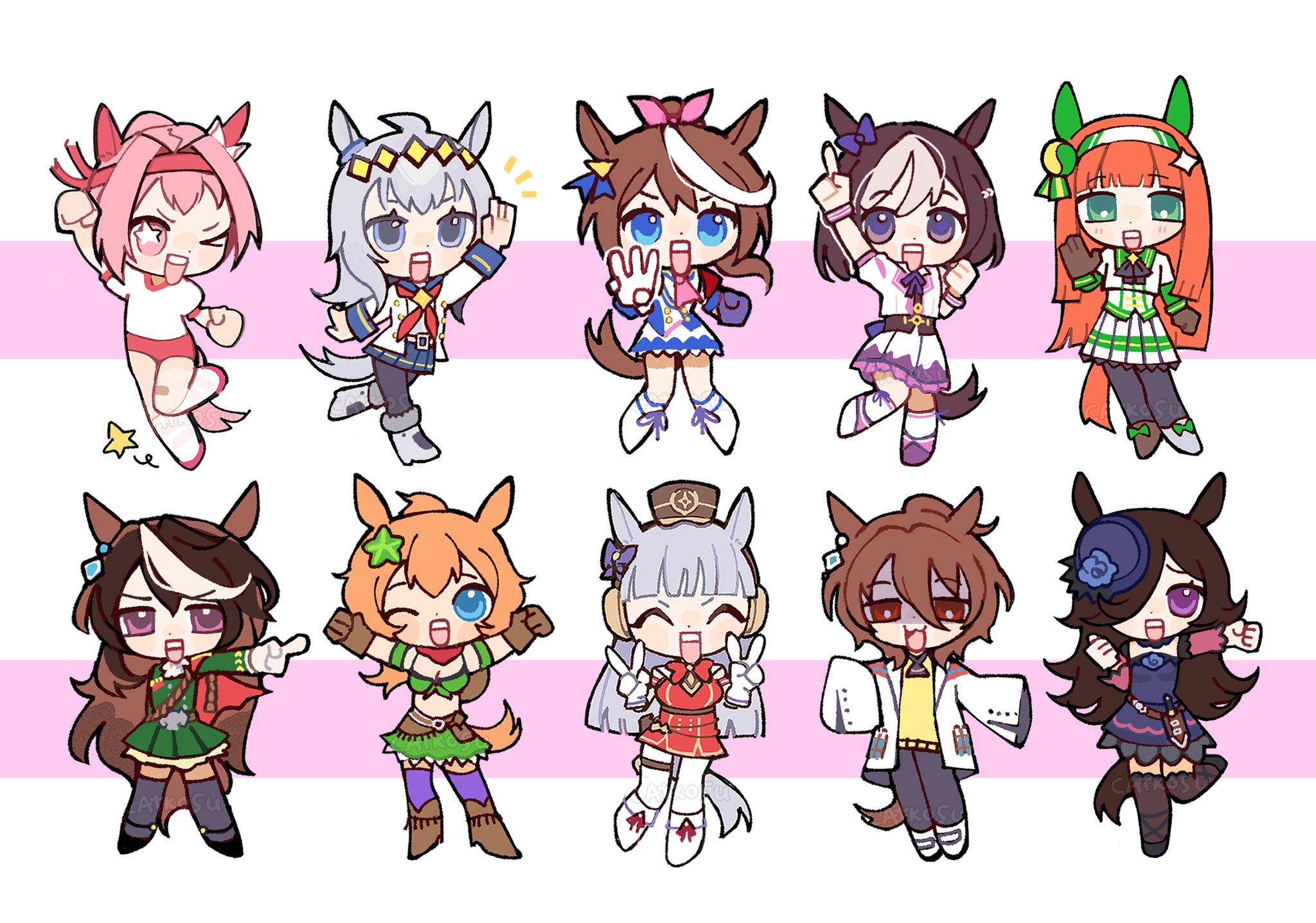 agnes tachyon (tach-nology) (umamusume), agnes tachyon (umamusume), gold ship (red strife) (umamusume), gold ship (umamusume), haru urara (bestest prize) (umamusume), haru urara (umamusume), oguri cap (starlight beat) (umamusume), oguri cap (umamusume), rice shower (rosy dreams) (umamusume), rice shower (umamusume), silence suzuka (innocent silence) (umamusume), silence suzuka (umamusume), special week (special dreamer) (umamusume), special week (umamusume), symboli rudolf (emperor's path) (umamusume), symboli rudolf (umamusume), taiki shuttle (umamusume), taiki shuttle (wild frontier) (umamusume), tokai teio (peak joy) (umamusume), tokai teio (umamusume), umamusume, commentary, english commentary, highres, > o, 6+girls, :3, animal ears, arm up, arms up, ascot, asymmetrical footwear, bandaid, bandaid on leg, belt, blue eyes, blunt bangs, blunt ends, boots, bow, bowtie, breasts, brown hair, buruma, cape, catkosu, cleavage, closed eyes, coat, cowboy boots, crop top, double v, dress, ear bow, ear covers, fascinator, full body, gloves, green eyes, grey eyes, grey hair, hair bow, hair ornament, hair over one eye, hairband, half-closed eyes, hat, horse ears, horse girl, horse tail, lab coat, long hair, long sleeves, middle w, mismatched footwear, multicolored hair, multiple girls, neckerchief, one eye closed, open clothes, open coat, open mouth, orange hair, pantyhose, pink hair, pleated skirt, pointing, ponytail, purple eyes, red eyes, sailor collar, scarf, shaded face, shirt, short dress, short hair, short sleeves, skirt, sleeves past fingers, sleeves past wrists, smile, socks, standing, standing on one leg, star-shaped pupils, star (symbol), star hair ornament, streaked hair, striped clothes, striped socks, sweater, symbol-shaped pupils, tail, thigh strap, thighhighs, tied shirt, v, very long hair, w, white hair
