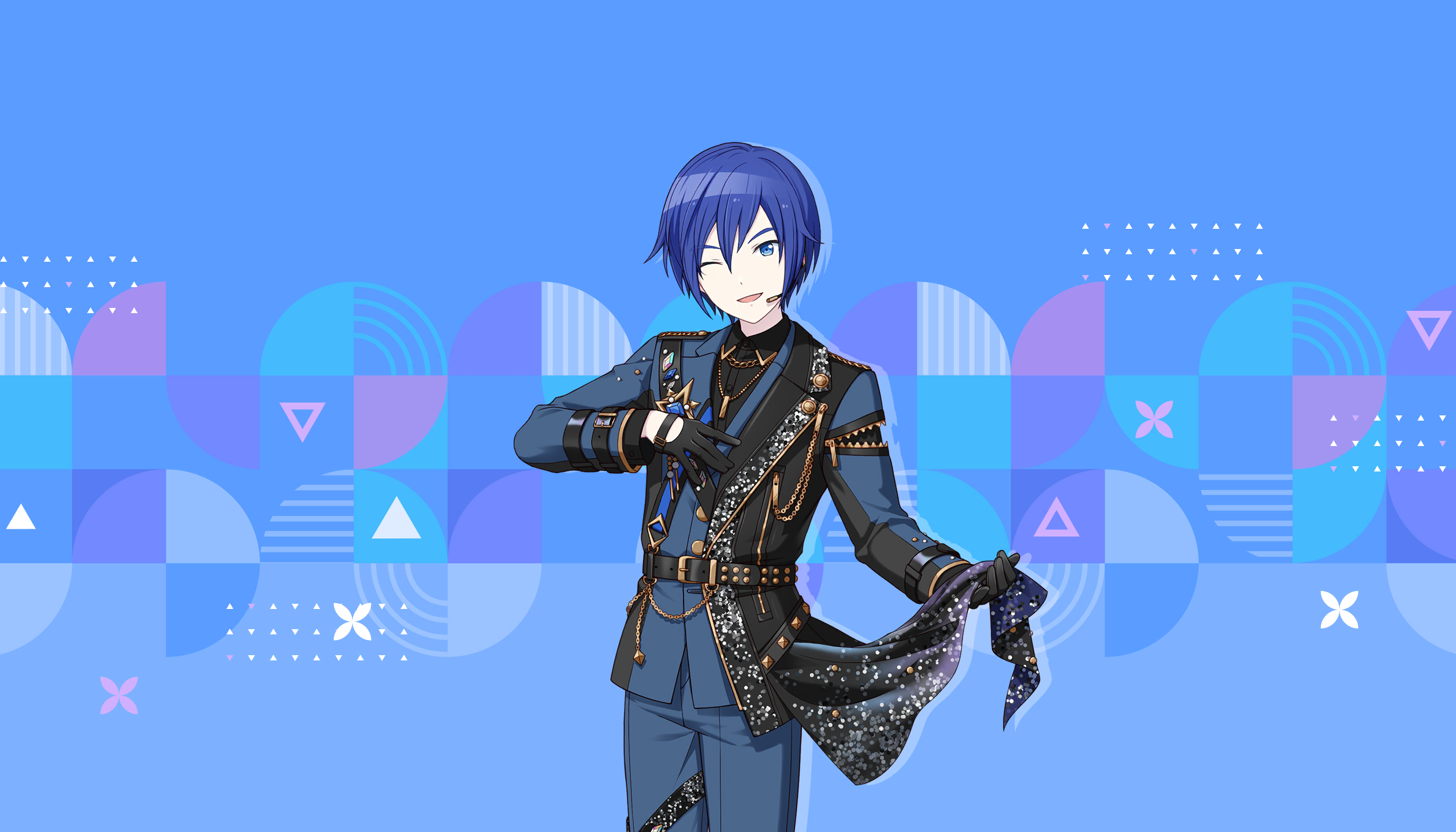 colorful palette, kaito (vocaloid), project sekai, vocaloid, game cg, highres, official art, third-party source, 1boy, belt, black belt, black gloves, black shirt, blue background, blue eyes, blue hair, blue jacket, blue theme, clothes grab, collared shirt, gloves, hair between eyes, headset, jacket, jewelry, male focus, necklace, shirt, short hair, smile, solo, triangle