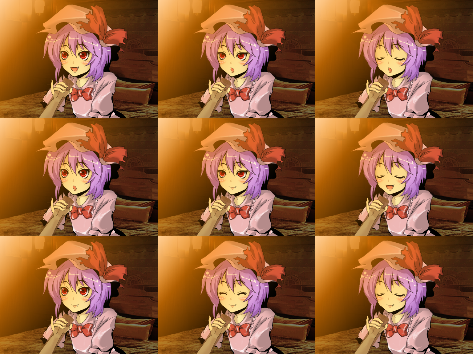 neichiru, remilia scarlet, touhou, bad id, bad pixiv id, 1girl, female focus, hat, indoors, multiple views, ribbon, short hair, upper body