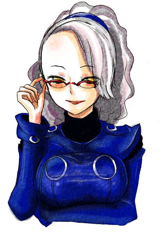 han (jackpot), margaret (persona), atlus, persona, persona 4, margaret, silver hair, 1girl, female focus, glasses, headband, lipstick, makeup, ponytail, solo, yellow eyes