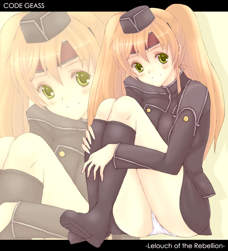 kannagi kaname, shirley fenette, code geass, bad id, bad pixiv id, 00s, 1girl, blush, boots, brown hair, female focus, green eyes, hat, headband, long hair, orange hair, order of the black knights uniform, panties, pantyshot, smile, solo, underwear, white panties, zoom layer