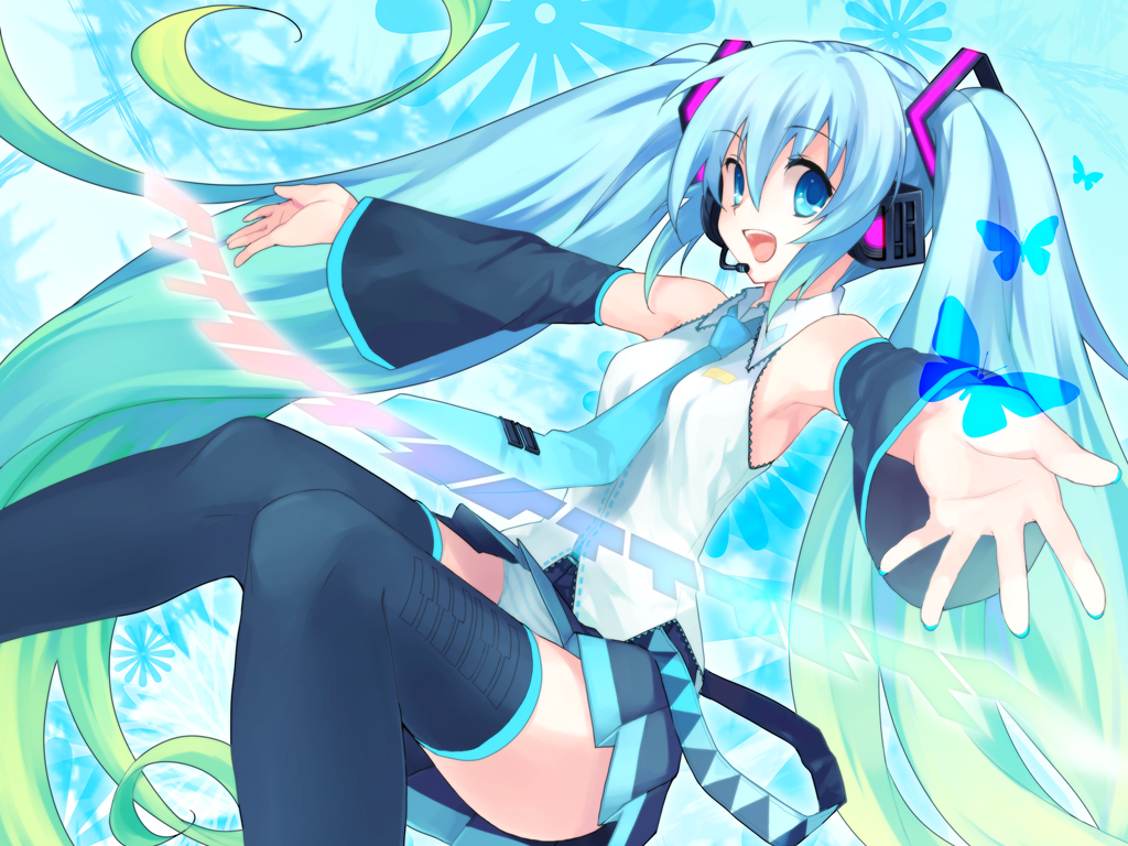 koto (colorcube), hatsune miku, vocaloid, bad id, bad pixiv id, 1girl, aqua hair, aqua nails, armpits, blue eyes, blue hair, bug, butterfly, detached sleeves, female focus, fingernails, gradient hair, green hair, headset, insect, long hair, looking at viewer, matching hair/eyes, multicolored hair, nail polish, necktie, open mouth, outstretched arms, outstretched hand, panties, pantyshot, pleated skirt, skirt, smile, solo, spread arms, striped clothes, striped panties, thighhighs, twintails, underwear, upskirt, very long hair, zettai ryouiki