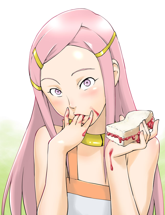 ueyama michirou, anemone (eureka seven), eureka seven, eureka seven (series), 00s, 1girl, blush, female focus, food, hair ornament, hairclip, long hair, pink eyes, pink hair, sandwich, solo