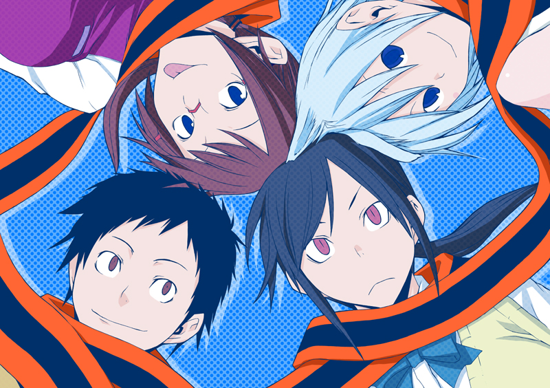 yasuda suzuhito, hiizumi akina, isone kotoha, nanami ao, yarizakura hime, yozakura quartet, 1boy, 3girls, animal ears, black hair, blue eyes, blue hair, bow, brown hair, cat ears, circle formation, glasses, itsune kotoha, multiple girls, purple eyes, scarf, shared clothes, shared scarf