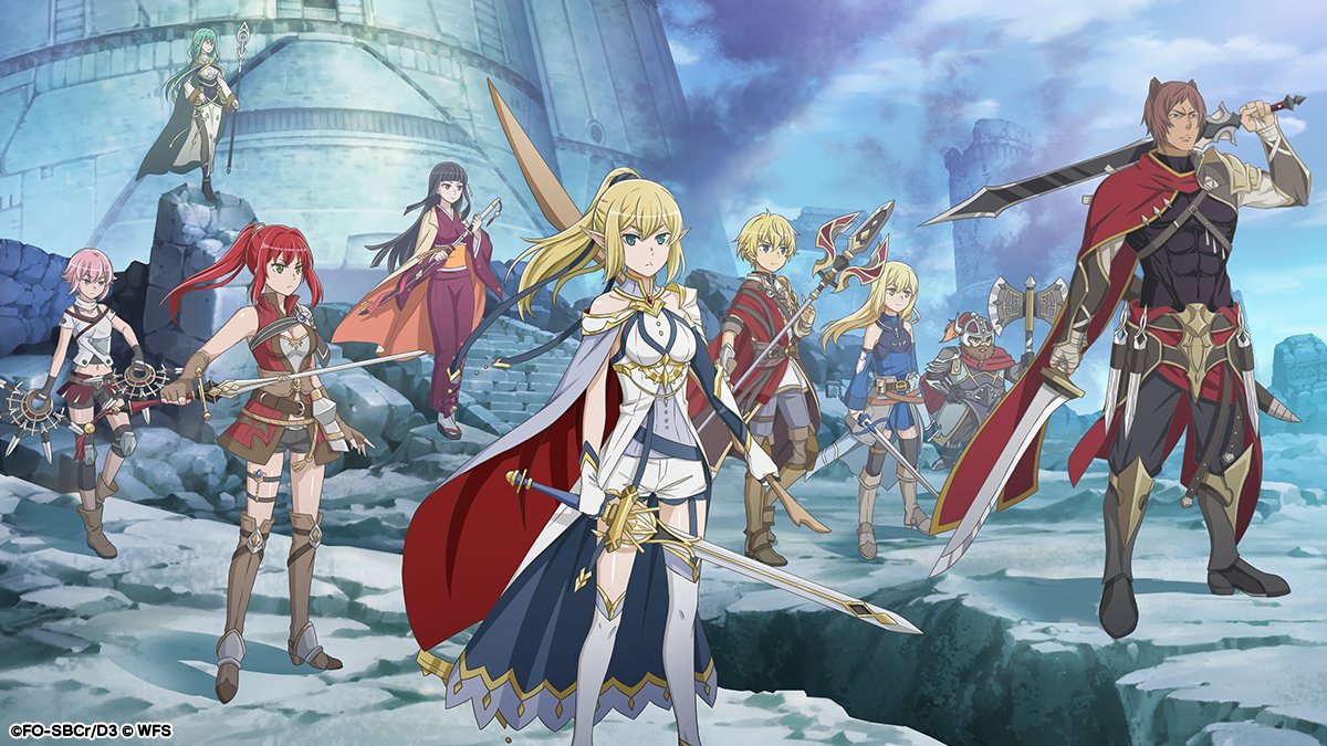 alise lovell, finn deimne, gareth landrock, gojouno kaguya, lyra (danmachi), riveria ljos alf, ryu lion, danmachi memoria freese, dungeon ni deai wo motomeru no wa machigatteiru darou ka, commentary request, official art, second-party source, 3boys, 6+girls, abs, aged down, animal ears, anime coloring, armor, asymmetrical legwear, axe, bare shoulders, beard, black hair, blonde hair, blue dress, blue eyes, blue sky, boar boy, boar ears, boots, breasts, brown boots, brown gloves, brown hair, cape, cleavage, closed mouth, copyright notice, dress, dual wielding, dwarf, elf, facial hair, fingerless gloves, garter straps, gloves, gold trim, green hair, hand up, holding, holding axe, holding polearm, holding sheath, holding staff, holding sword, holding weapon, japanese clothes, kimono, long hair, mage staff, medium breasts, multiple boys, multiple girls, muscle cuirass, muscular, muscular male, navel, official alternate costume, ottar (danmachi), pauldrons, pink hair, pointy ears, polearm, ponytail, red cape, red hair, red kimono, ruins, sheath, shirt, short hair, shoulder armor, side cape, sidelocks, single pauldron, sky, smoke, staff, sword, sword on back, thigh strap, thighhighs, tower, weapon, weapon on back, white dress, white gloves, white shirt, white thighhighs, wooden sword