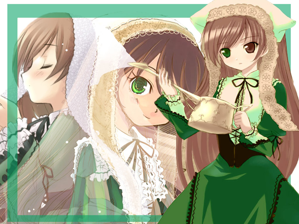 suiseiseki, rozen maiden, non-web source, 00s, brown hair, dress, frills, headscarf, heterochromia, long hair, watering can, white headscarf