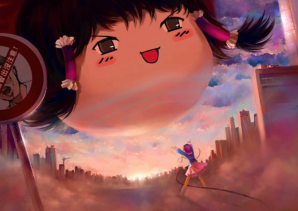 s.advent, hakurei reimu, komeiji satori, neon genesis evangelion, touhou, 2girls, at field, cityscape, female focus, multiple girls, outdoors, parody, road sign, sign, skirt, sky, solo, sunrise, sunset, what, yukkuri shiteitte ne