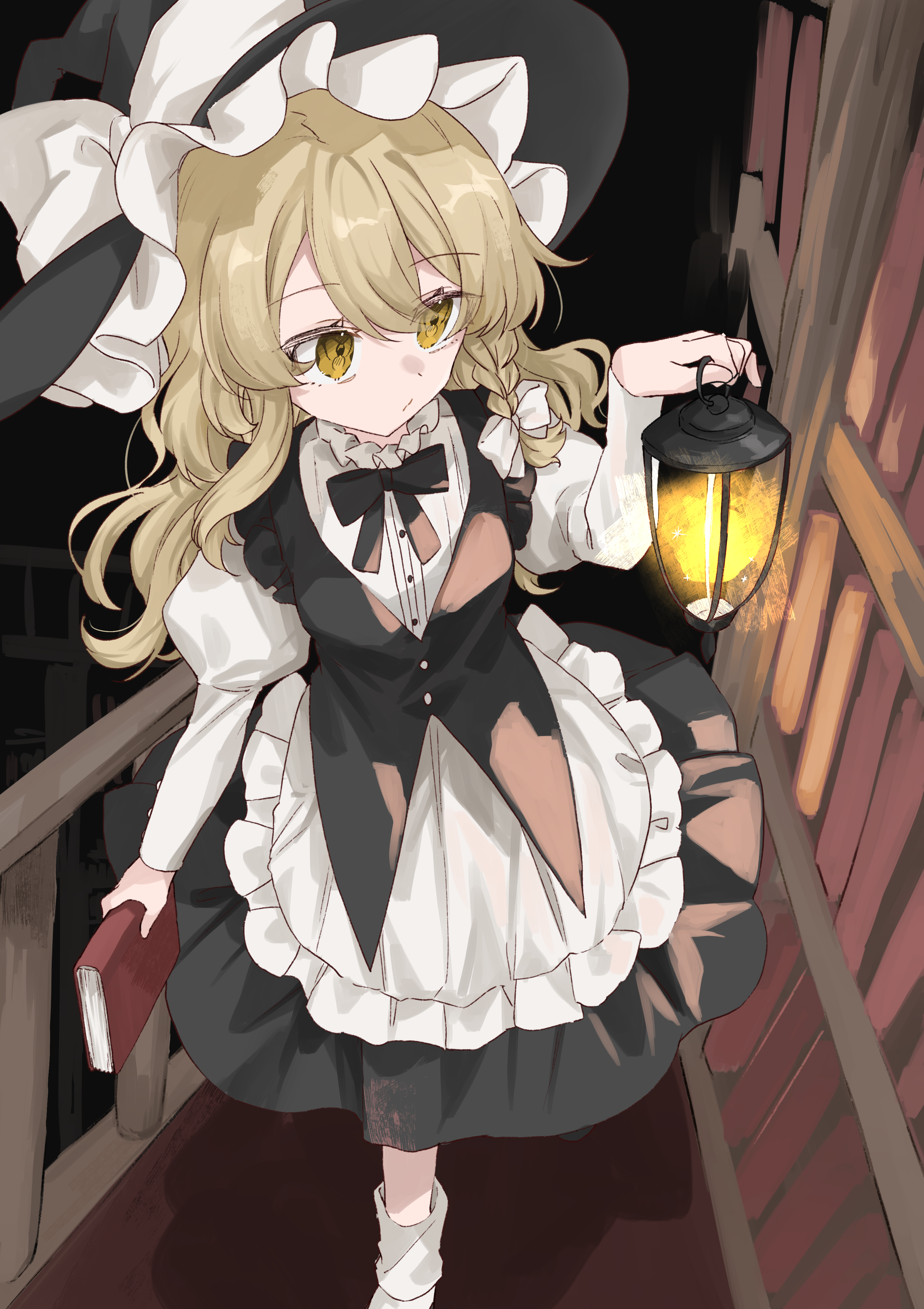 chu (yuzumeno), kirisame marisa, touhou, absurdres, commentary request, highres, 1girl, apron, black hat, black ribbon, black skirt, black vest, book, bookshelf, bow, braid, frilled apron, frilled hat, frills, hat, hat bow, hat ribbon, holding, holding book, holding lantern, lantern, puffy sleeves, ribbon, side braid, skirt, socks, solo, vest, white apron, white bow, white socks