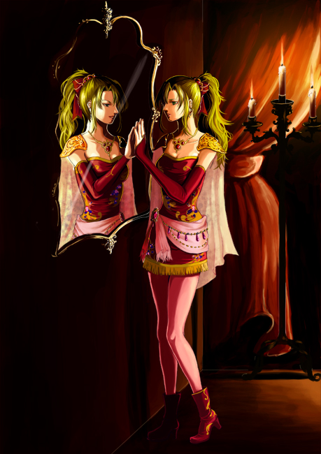 mizumori, tina branford, final fantasy, final fantasy vi, 1990s (style), 1girl, bow, candle, cape, detached sleeves, female focus, green hair, hair bow, jewelry, mirror, necklace, pantyhose, ponytail, reflection, retro artstyle, skirt, solo