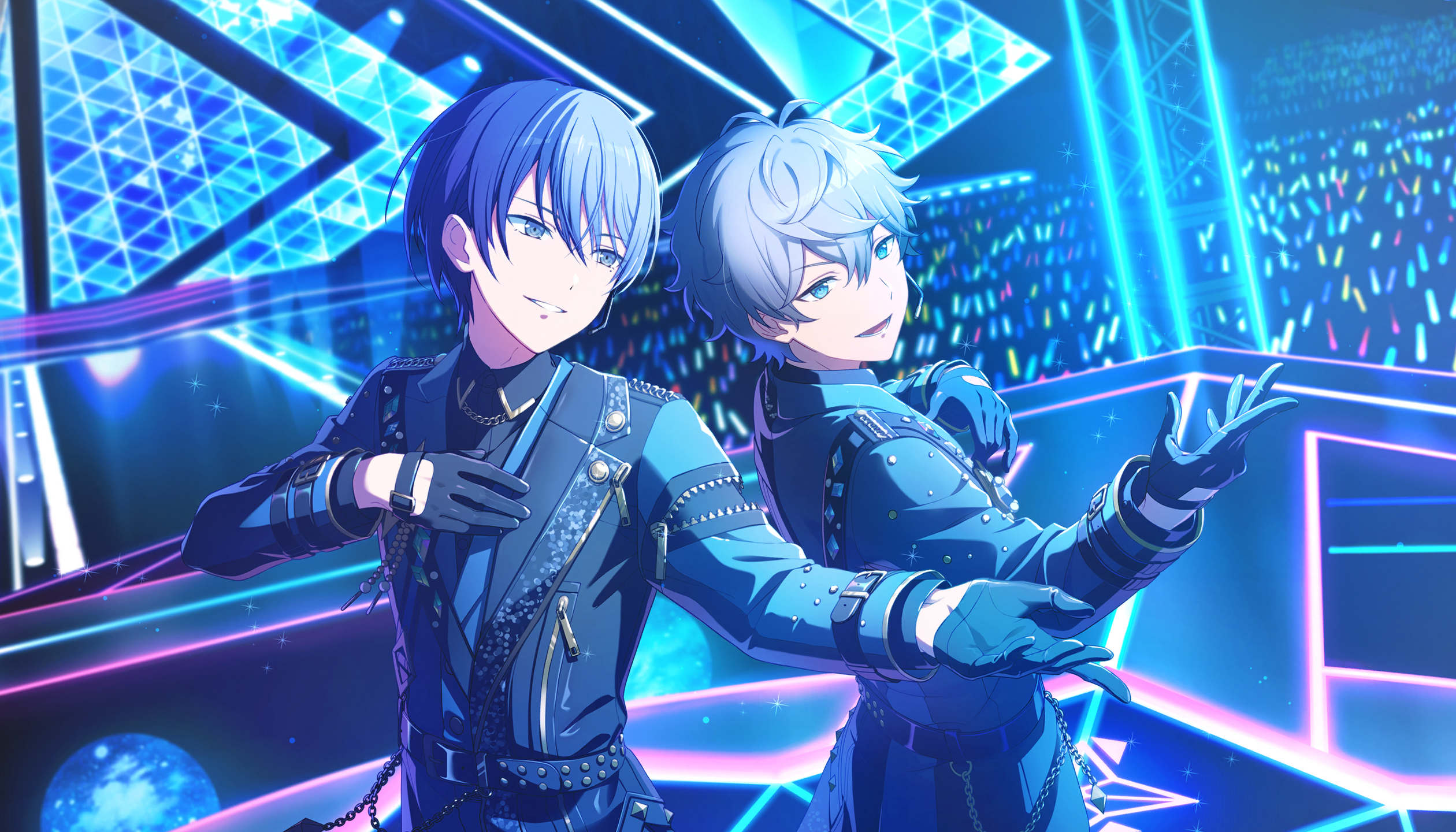 colorful palette, aoyagi touya, sena izumi (ensemble stars!), ensemble stars!, project sekai, game cg, highres, official art, third-party source, 2boys, alternate costume, belt, black belt, black gloves, black shirt, blue eyes, blue hair, blue theme, collared shirt, crowd, gloves, glowstick, grey hair, headset, lower teeth only, male focus, multicolored hair, multiple boys, parted lips, penlight (glowstick), shirt, split-color hair, star (symbol), teeth, tongue, two-tone hair