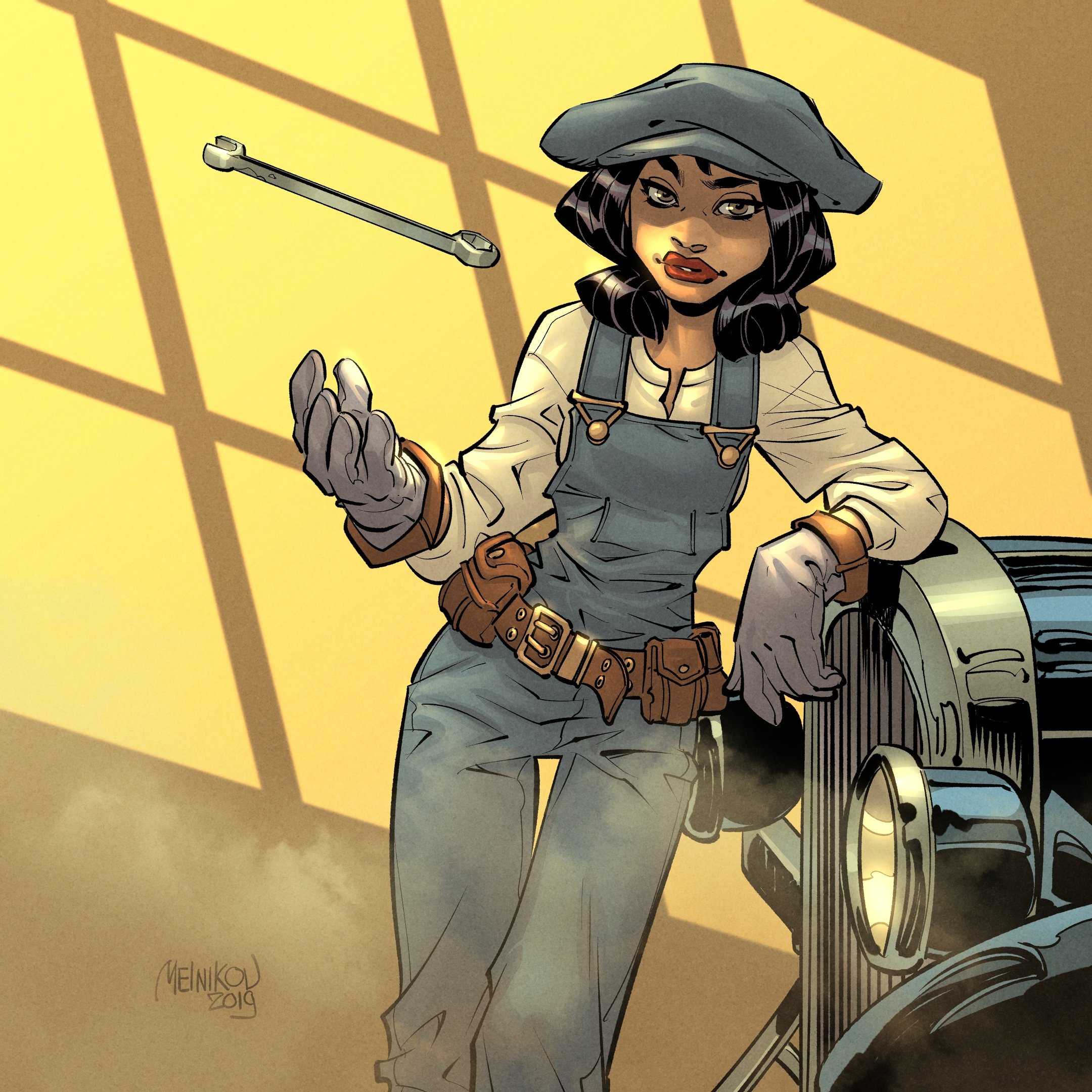 audrey ramirez, atlantis: the lost empire, highres, 1girl, belt pouch, black hair, blue hat, blue overalls, ermahgerddon, gloves, hat, looking at viewer, medium hair, overalls, pouch, red lips, shirt, signature, solo, white gloves, white shirt