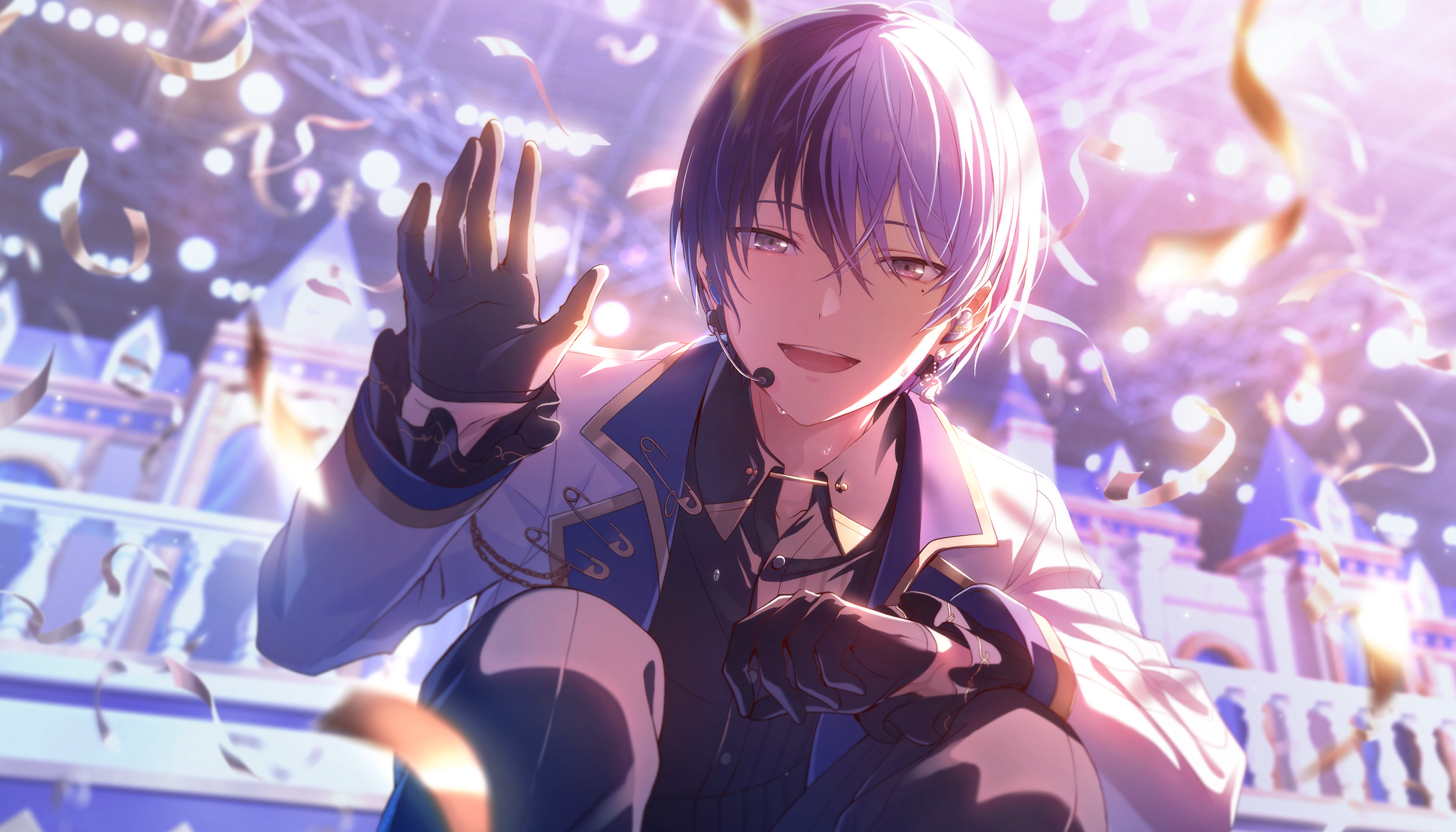 colorful palette, aoyagi touya, project sekai, game cg, highres, official art, third-party source, 1boy, :d, black gloves, black pants, black shirt, blue hair, blurry, castle, collared shirt, depth of field, earrings, gloves, grey eyes, hair between eyes, headest, jacket, jewelry, male focus, multicolored hair, official alternate costume, open mouth, pants, shirt, single earring, sitting, smile, solo, split-color hair, streamers, teeth, tongue, two-tone hair, upper teeth only, waving, white jacket