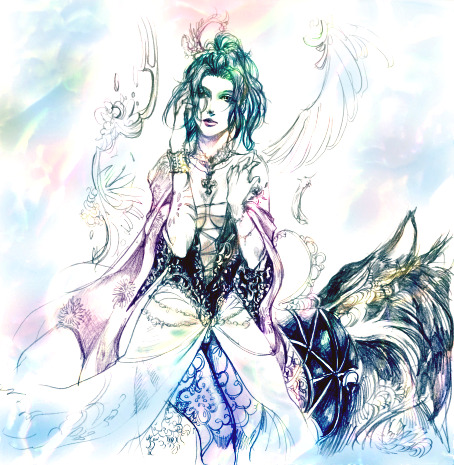 tina branford, final fantasy, final fantasy vi, lowres, 1990s (style), 1girl, cowboy shot, dress, female focus, green hair, head tilt, long sleeves, looking at viewer, short hair, solo, standing