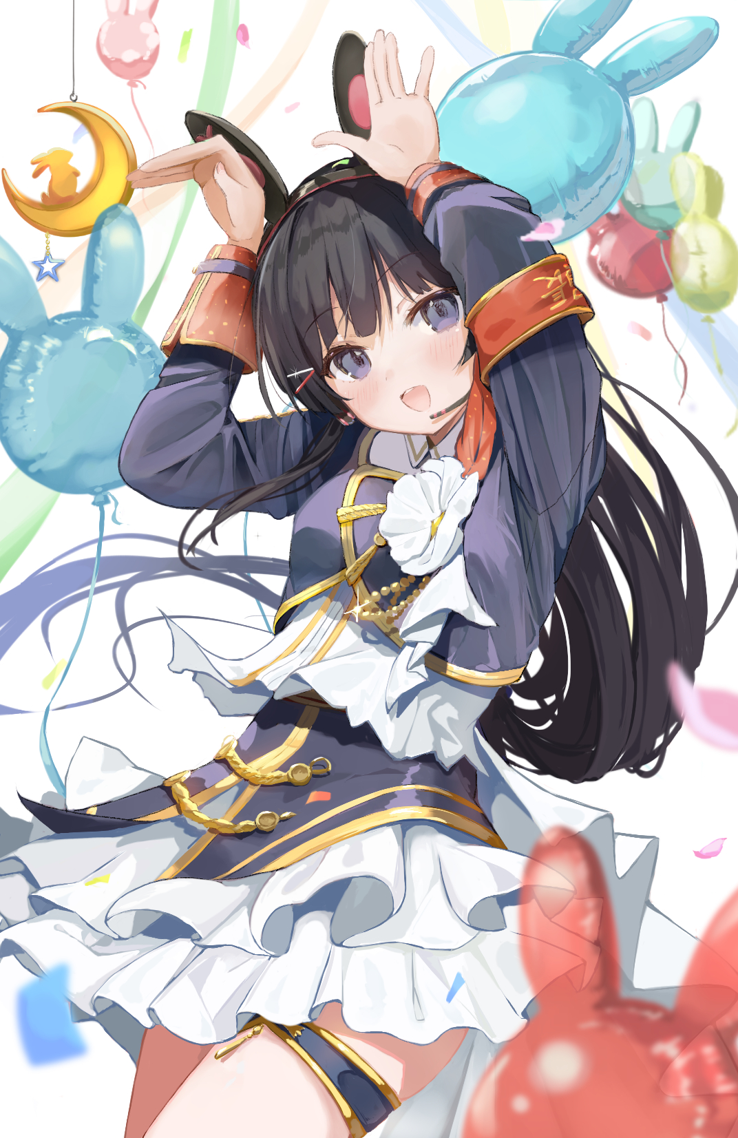 nekozya1, tsukino mito, nijisanji, commentary request, highres, 1girl, animal ear headphones, animal ears, armband, arms up, balloon, birthday, black hair, blue shirt, blue skirt, blush, breasts, confetti, cowboy shot, crescent ornament, fake animal ears, frilled skirt, frills, gold trim, hair ornament, hairpin, headphones, headset, idol clothes, layered shirt, layered skirt, long hair, long sleeves, looking at viewer, miniskirt, moon rabbit, multiple hairpins, nijisanji idol uniform, open mouth, purple eyes, rabbit balloon, rabbit ear headphones, rabbit ears, rabbit pose, red armband, shirt, skirt, sleeve cuffs, small breasts, smile, solo, teeth, thigh strap, upper teeth only, very long hair, virtual youtuber, white background, white shirt, white skirt