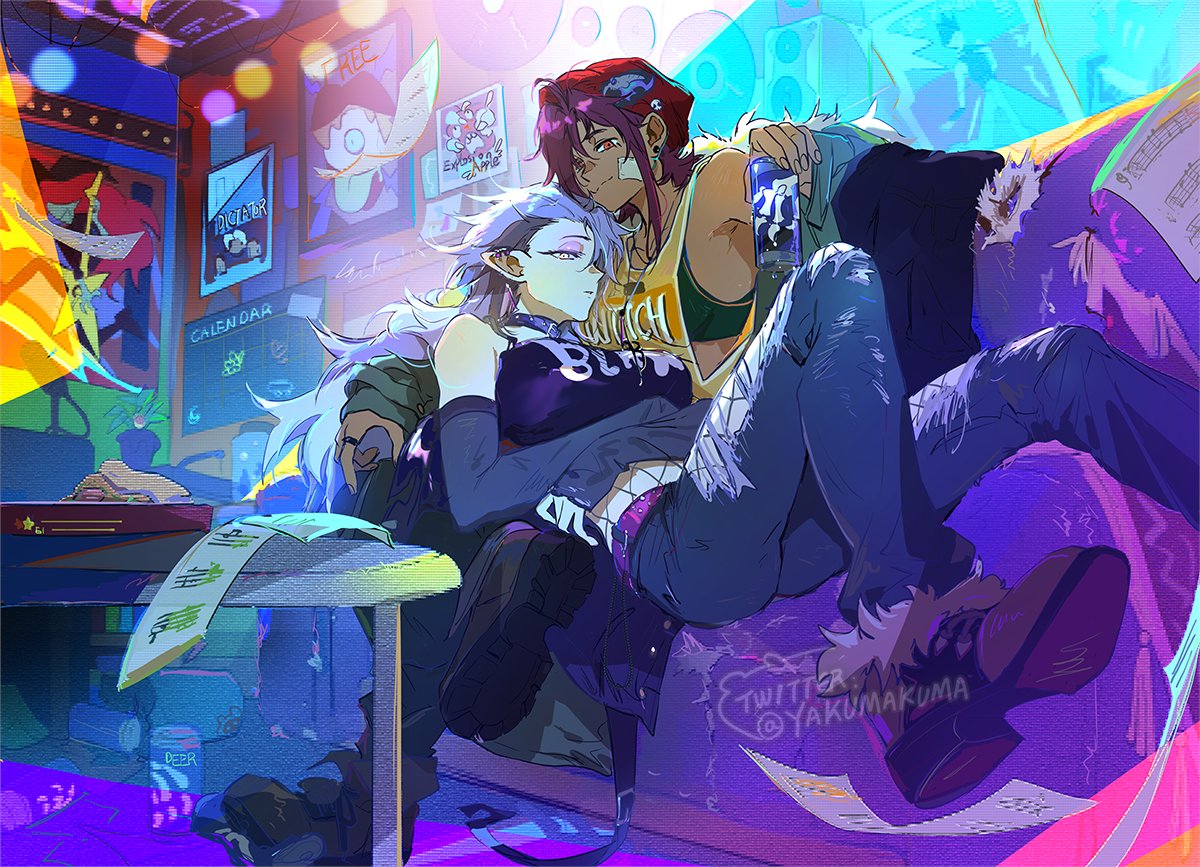 kuma20151225, amity blight, luz noceda, the owl house, 2girls, beanie, bra, brown hair, can, clothes writing, couch, dark-skinned female, dark skin, drink can, elbow gloves, eyeshadow, fingerless gloves, gloves, hat, lap pillow, makeup, multiple girls, on couch, pointy ears, prototype design, purple eyeshadow, purple hair, soda can, underwear, yuri