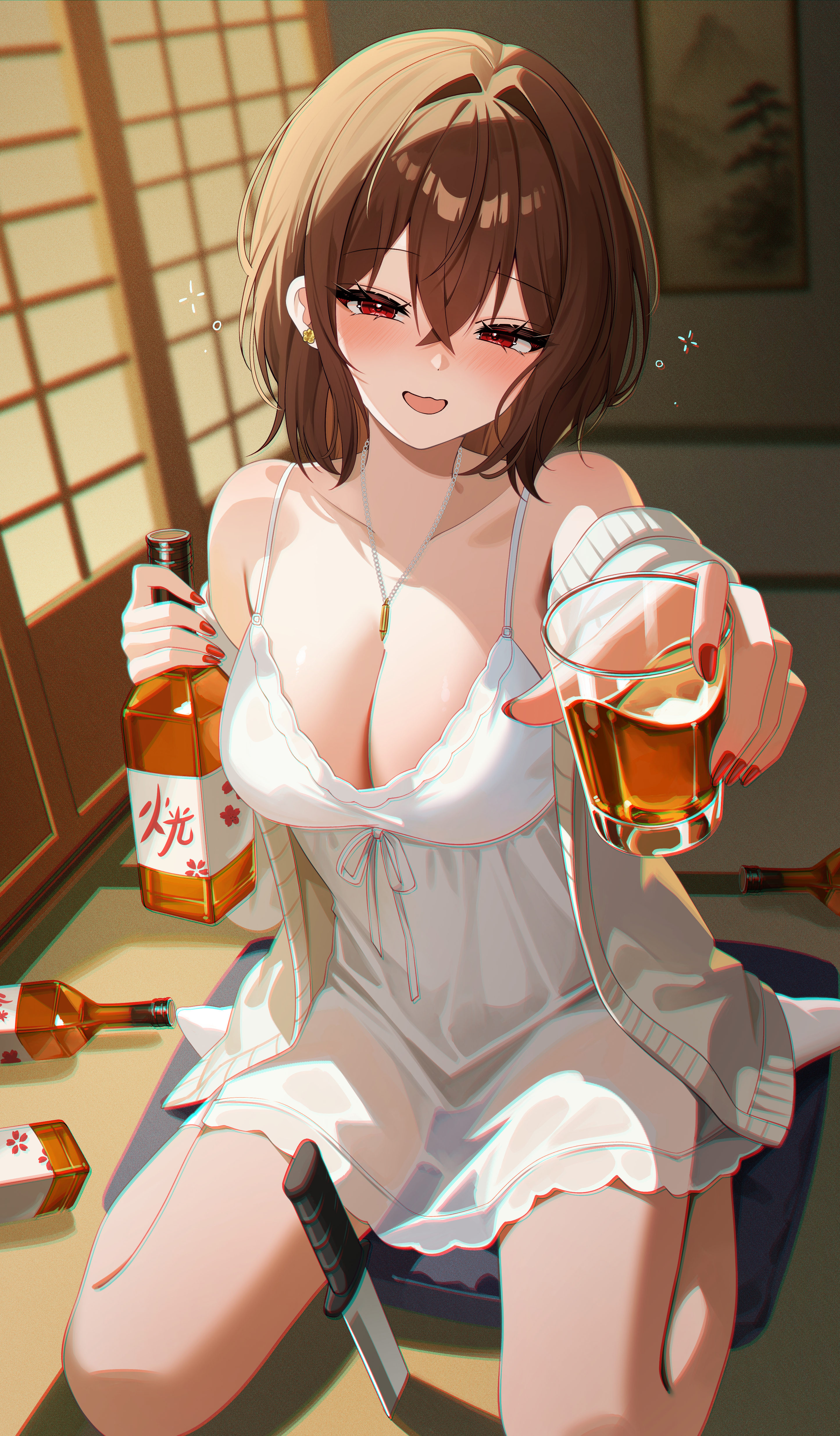 iyusei 02, original, absurdres, highres, 1girl, bare shoulders, blurry, blurry background, bottle, breasts, brown hair, chromatic aberration, cleavage, combat knife, cup, dress, drinking glass, earrings, hair between eyes, holding, holding cup, indoors, jacket, jewelry, knife, large breasts, long hair, looking at viewer, necklace, off shoulder, open clothes, open jacket, open mouth, red eyes, see-through clothes, see-through dress, sitting, sleeveless, sleeveless dress, smile, solo, spaghetti strap, tatami, thighs, wariza, weapon, white dress, white jacket