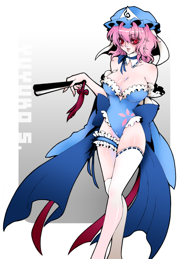 saigyouji yuyuko, touhou, 1girl, breasts, female focus, gradient background, hat, japanese clothes, kimono, leotard, pink hair, red eyes, short hair, solo, thighhighs, white background