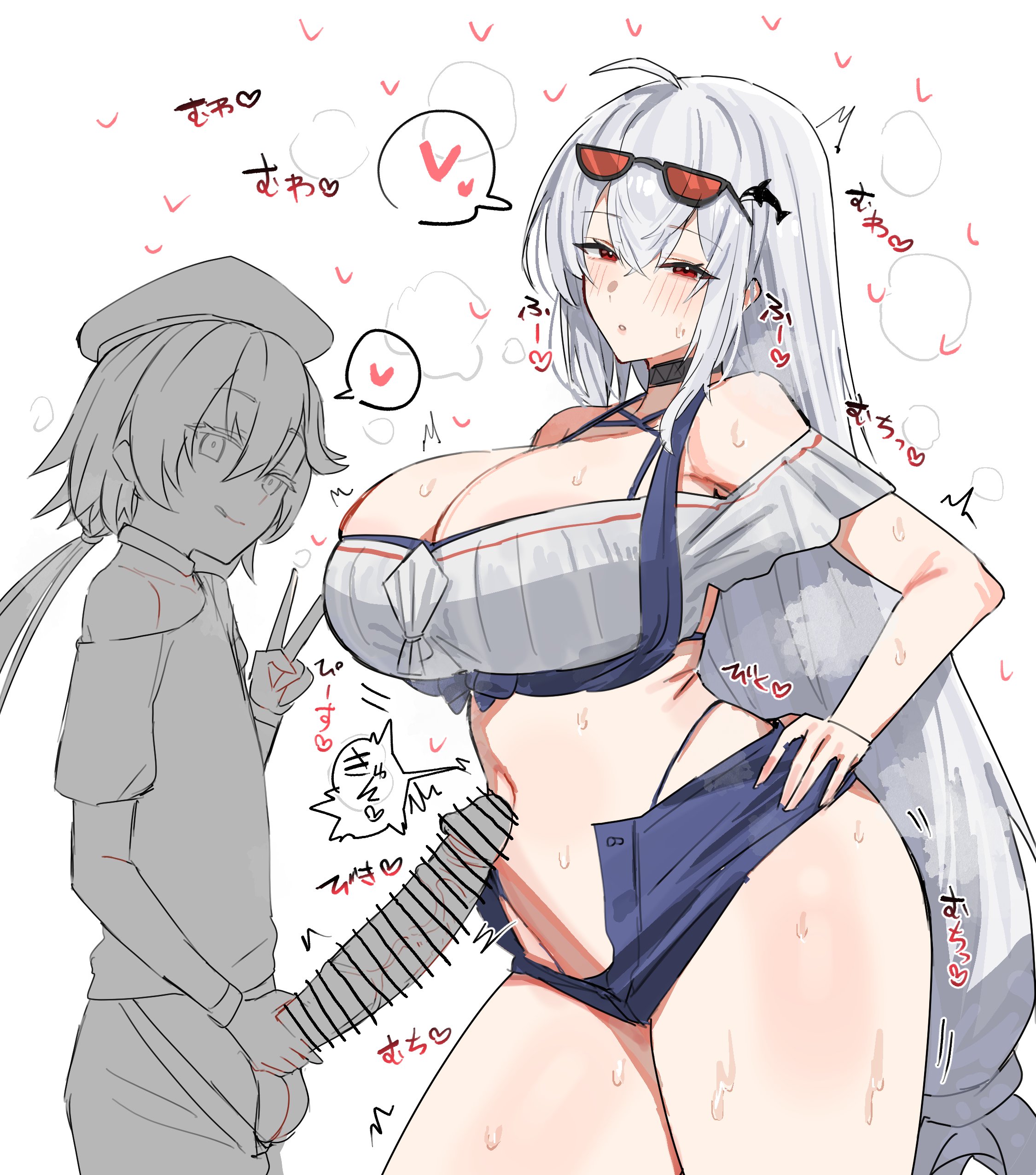 horn/wood, mizuki (arknights), skadi (arknights), skadi (waverider) (arknights), arknights, absurdres, commentary, highres, symbol-only commentary, 1boy, 1girl, ahoge, bar censor, bikini, bikini under clothes, black choker, blue shorts, blush, breasts, censored, choker, cleavage, cowboy shot, cropped shirt, crossed bangs, eyewear on head, hair between eyes, half-closed eyes, hand on own hip, heart, hetero, large breasts, licking lips, long hair, looking at viewer, low-tied long hair, navel, off-shoulder shirt, off shoulder, official alternate costume, open fly, orca hair ornament, parted lips, partially colored, penis, red-tinted eyewear, red eyes, shirt, short shorts, shorts, simple background, solo focus, sound effects, spoken heart, standing, steam, steaming body, sunglasses, sweat, swimsuit, tinted eyewear, tongue, tongue out, v, veins, veiny penis, very long hair, white background, white hair, white shirt