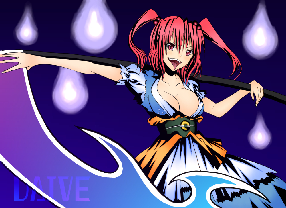 daive, onozuka komachi, touhou, 1girl, alternate weapon, breasts, cleavage, female focus, hitodama, red eyes, red hair, scythe, short hair, solo, tongue, weapon