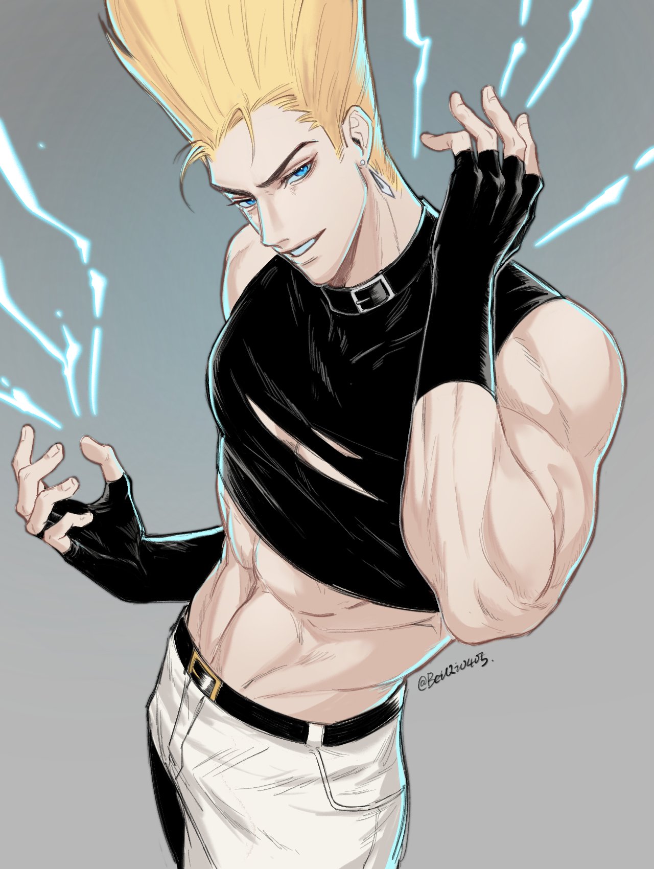 beiqi0405, nikaidou benimaru, the king of fighters, highres, 1boy, abs, belt, black belt, black collar, black gloves, black shirt, blonde hair, blue eyes, cleavage cutout, clothing cutout, collar, crop top, earrings, electricity, electrokinesis, fingerless gloves, gloves, grey background, grin, halterneck, jewelry, long hair, looking at viewer, male focus, muscular, muscular male, pants, pectoral cleavage, pectorals, shirt, simple background, smile, solo, white pants