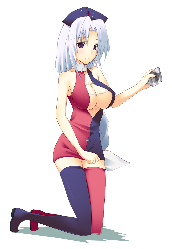 any (trueblue), yagokoro eirin, touhou, 1girl, blue eyes, blush, breasts, cleavage, covered erect nipples, female focus, hat, kneeling, large breasts, long hair, purple eyes, solo, thighhighs, white hair, yukkuri shiteitte ne