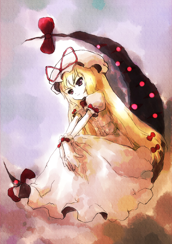 kashiwagi kazuhiro, yakumo yukari, touhou, 1girl, blonde hair, bow, dress, female focus, full body, hat, long hair, puffy short sleeves, puffy sleeves, purple eyes, red bow, short sleeves, sitting, solo, very long hair, white dress, wrist cuffs