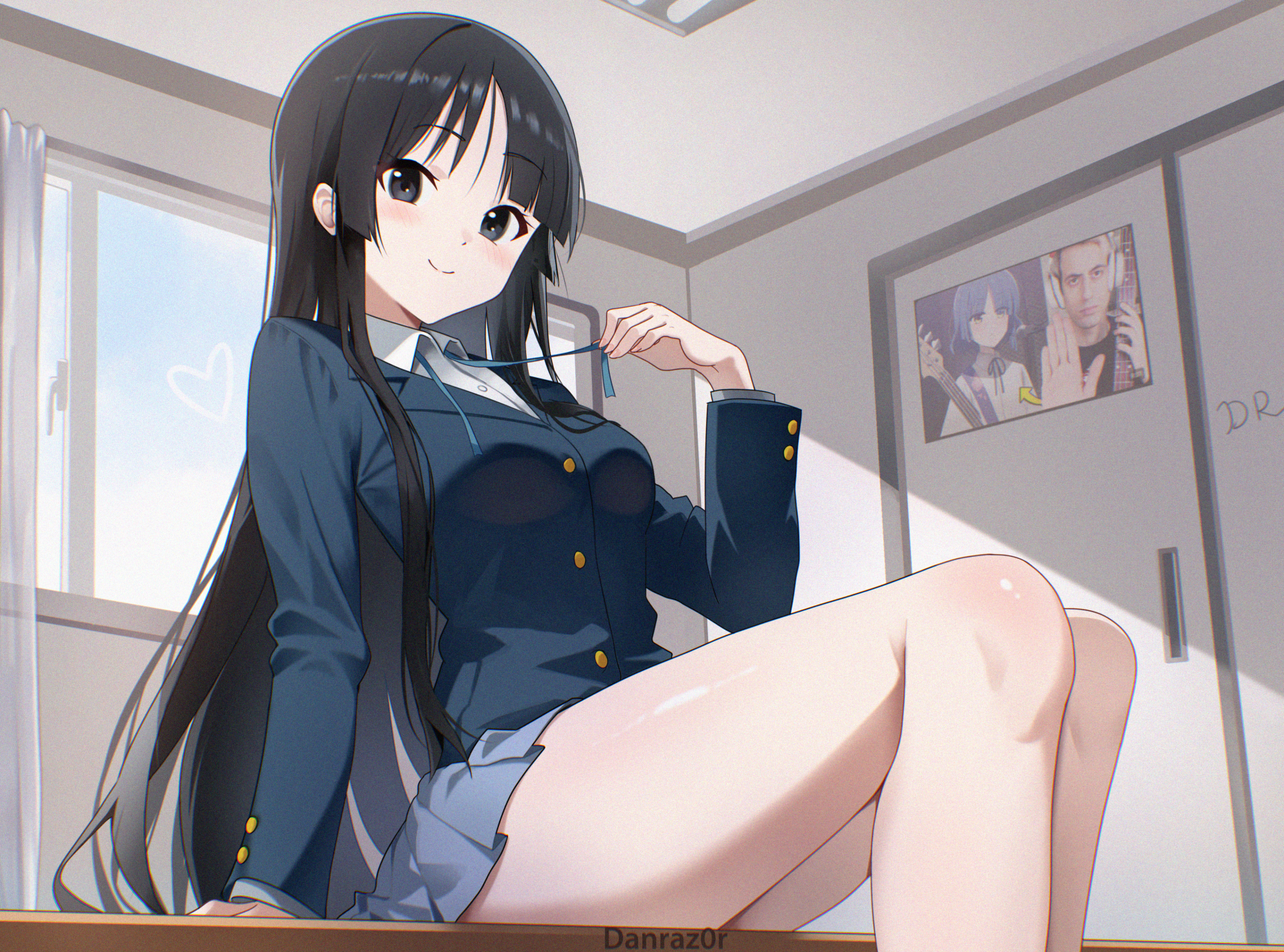 danraz0r, akiyama mio, yamada ryo, k-on!, real life, commentary, highres, 1girl, arm support, black coat, black eyes, black hair, breasts, closed mouth, coat, davie504, desk, grey skirt, indoors, long hair, long sleeves, looking at viewer, medium breasts, miniskirt, neck ribbon, on desk, pleated skirt, ribbon, sakuragaoka high school uniform, school uniform, shirt, sitting, skirt, smile, solo, thighs, untied ribbon, white shirt