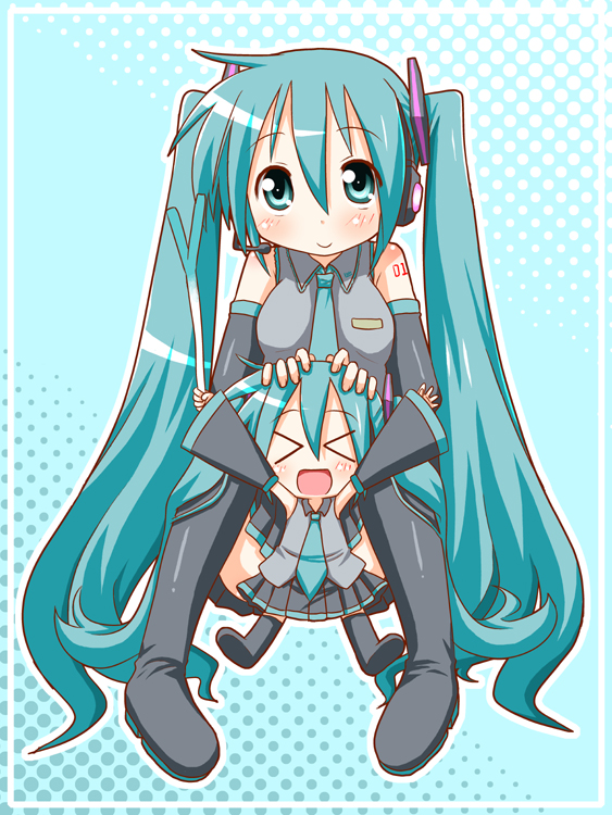 minami (colorful palette), chibi miku, hatsune miku, vocaloid, > <, > <, 2girls, :d, aqua hair, chibi, closed eyes, long hair, multiple girls, open mouth, smile, spring onion, thighhighs, twintails, very long hair, xd