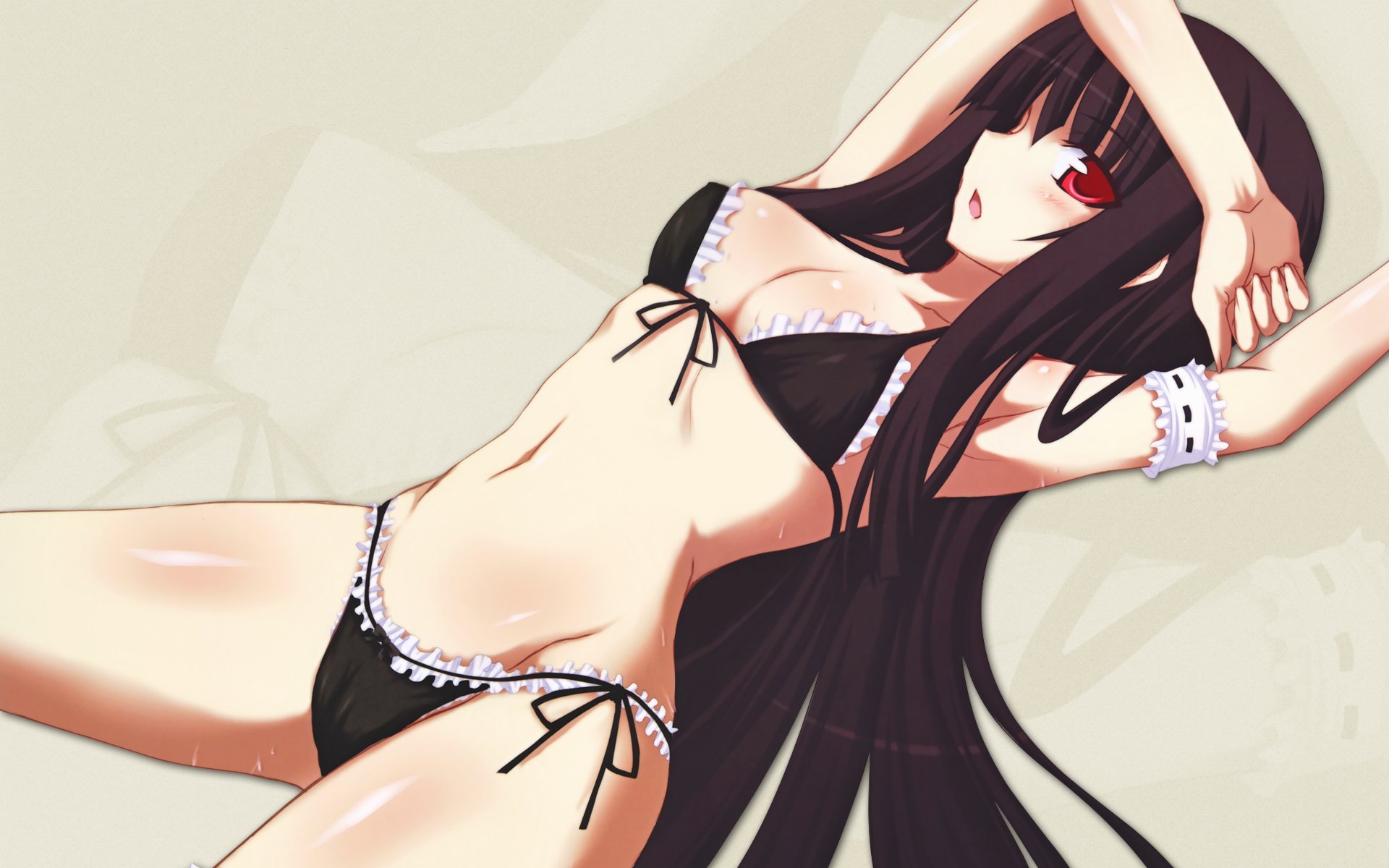 jema, houraisan kaguya, touhou, highres, 1girl, armpits, bikini, black bikini, black hair, blush, english text, engrish text, female focus, lingerie, long hair, ranguage, red eyes, side-tie bikini bottom, solo, swimsuit, underwear