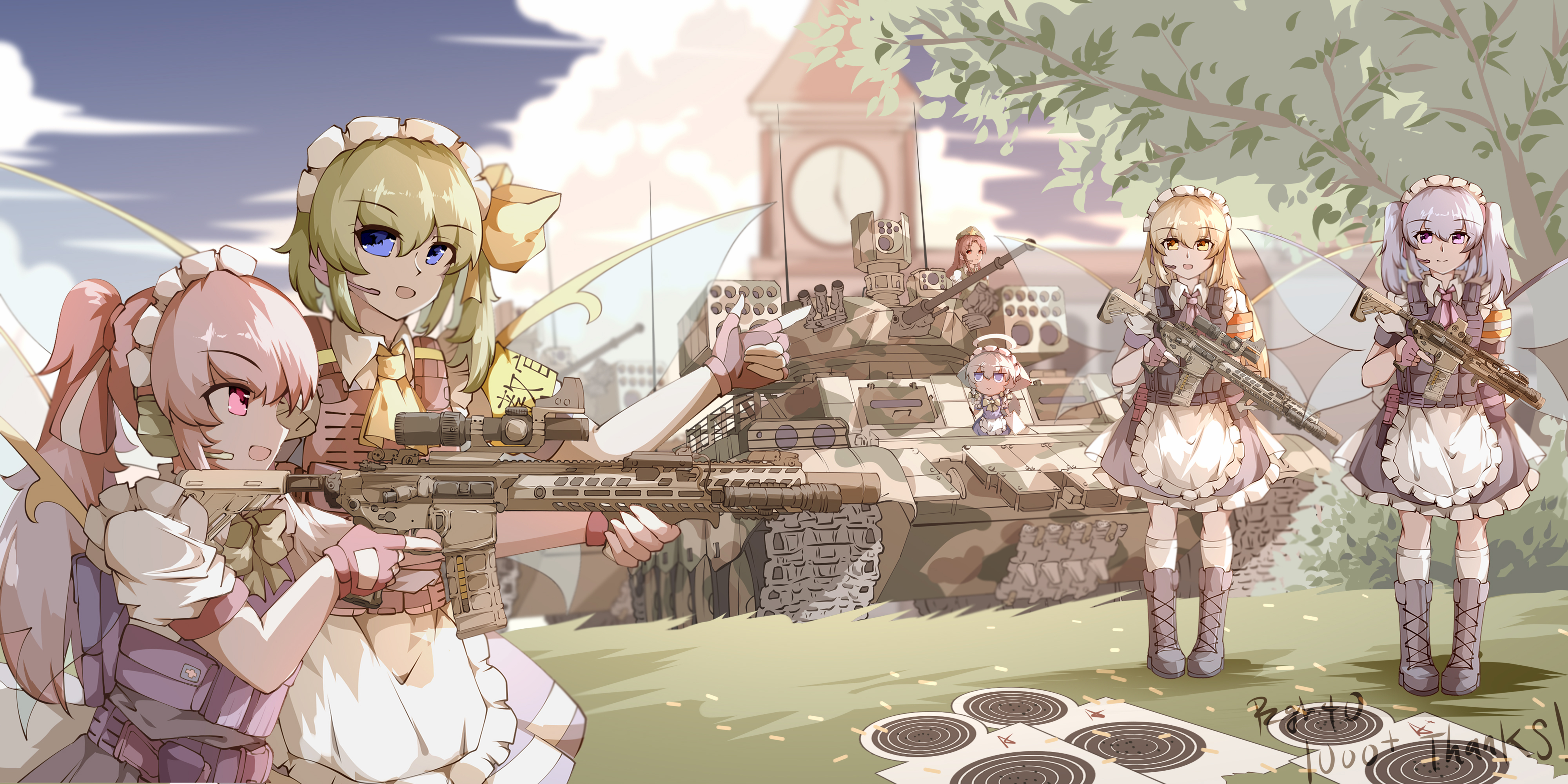 pzgr.40, daiyousei, fairy maid (touhou), hong meiling, touhou, absurdres, highres, 6+girls, apron, boots, bow, braid, caterpillar tracks, clock, clock tower, combat boots, dress, fairy, fairy wings, gloves, green hair, gun, hair bow, long hair, maid, maid headdress, mansion, military, military vehicle, motor vehicle, multiple girls, open mouth, red eyes, rifle, scarlet devil mansion, short hair, side ponytail, sig mcx, signature, sky, tank, target practice, tower, twin braids, weapon, wings