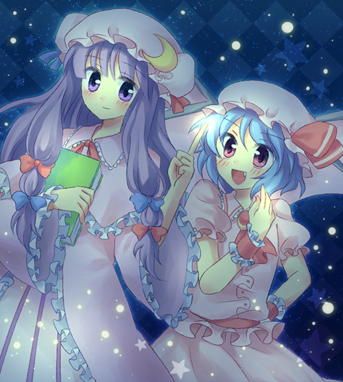 kuguri oimo, patchouli knowledge, remilia scarlet, touhou, 2girls, blue hair, blush, book, dress, female focus, hat, long hair, multiple girls, purple eyes, purple hair, red eyes, short hair, skirt, wings