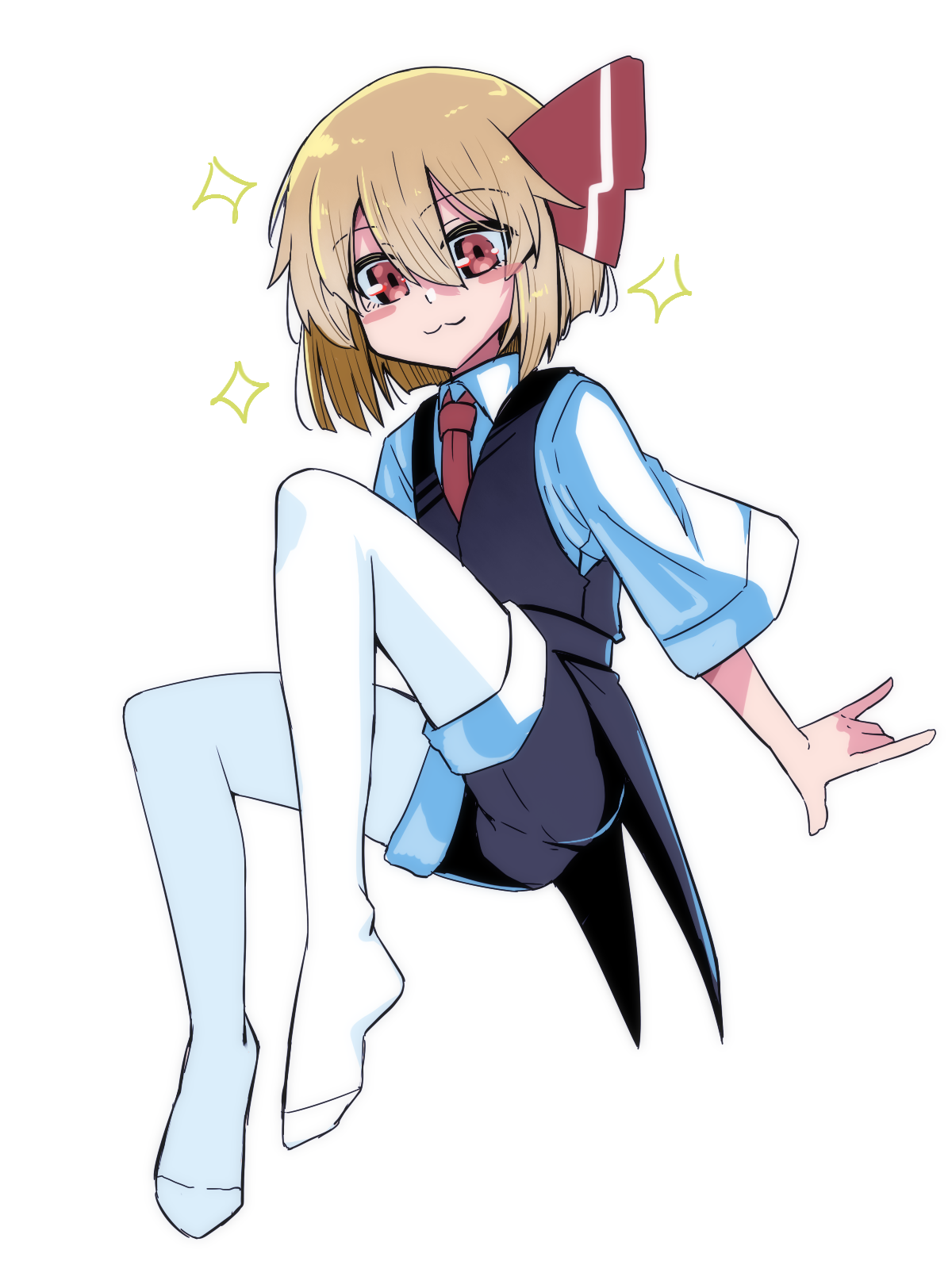 manekinekoppoi inu, rumia, touhou, commentary request, highres, 1girl, :3, black shorts, black vest, blonde hair, blush stickers, bob cut, bow, hair bow, necktie, pantyhose, red bow, red eyes, red necktie, shirt, short hair, short sleeves, shorts, solo, star (symbol), vest, white background, white pantyhose, white shirt
