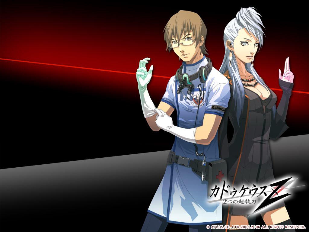 doi masayuki, mira kimishima, tsukimori kousuke, chou shittou caduceus, official art, official wallpaper, 1boy, 1girl, belt, black thighhighs, breasts, brown eyes, brown hair, cleavage, coat, doctor, dress, dressing, earrings, glass, gloves, jewelry, long hair, medium breasts, necklace, pointing, short hair, thighhighs, trench coat, white eyes, white gloves, white hair, zettai ryouiki
